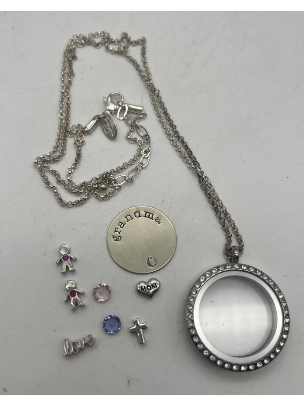 Origami Owl Floating Locket Necklace Set Silver Tone Charms Grandma Mom Cross